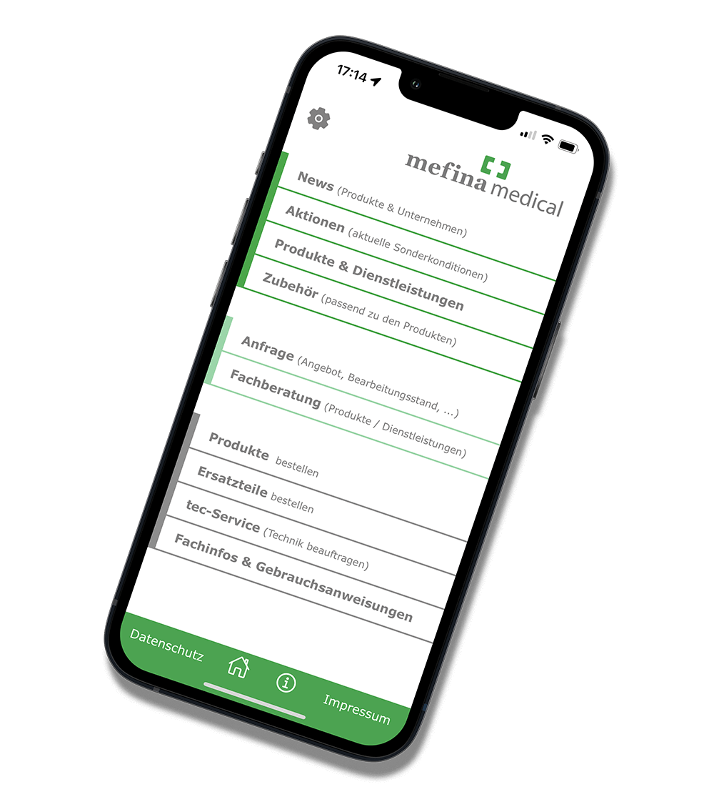Menü der Mefina Medical App auf dem iPhone