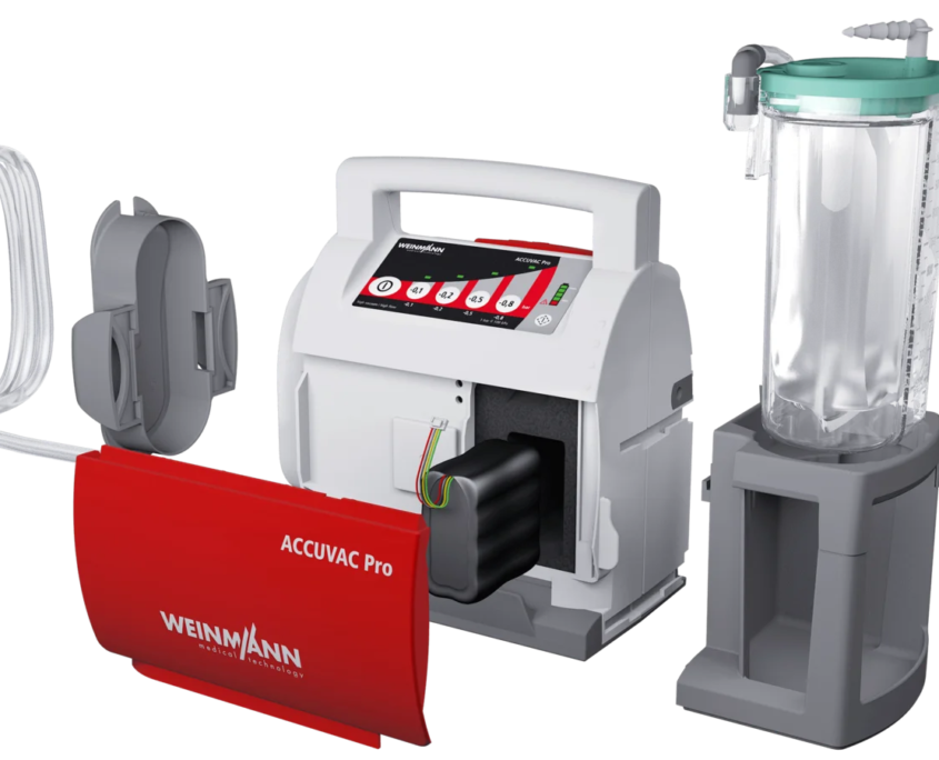 Weinmann-Accuvac-Pro-bei-Mefina-Medical-Sprengzeichnung Detailansicht der Einzelteile des mobile Absauggerät Weinmann Accuvac Pro