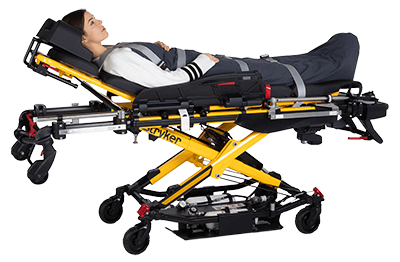 EMS-Click---Webseite Ems-Click befestigt an Fahrtrage von Stryker mit liegender Frau