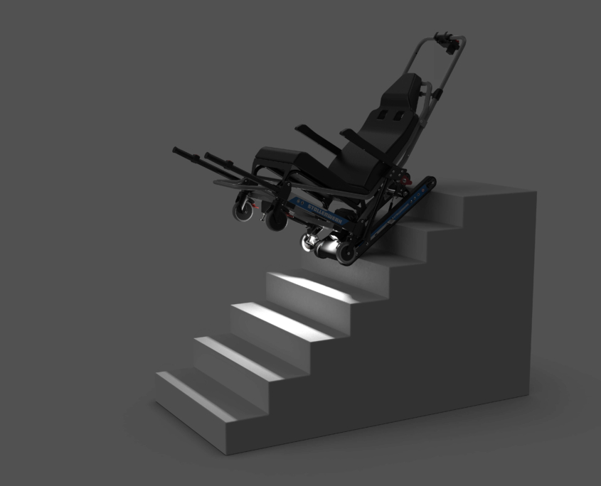 Szenenbild_Treppenstuhl_CPC Nachtaufnahme einer freistehenden Treppe und dem Tragesessel von CPC selbstständig die Treppe rauf klettern + Licht auf der Unterseite