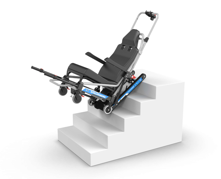 CPC_System_Stollenwerk_Funktionsübersicht Tagesaufnahme des Tragestuhl-System von Stollenwerk auf einer freistehenden Treppe zum Darstellen der Funktionen