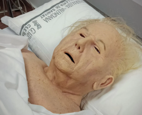 Abgedeckter Überzug von Simulation Collective mit freiem Kopf, auf Kissen in Krankenbett liegend