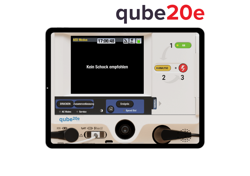 qube20e_iPad-MockupLogo IPad Mockup des EKG-Simulators qube20e auf Basis des LIFEPAK20e im Einsatz