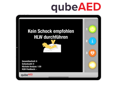 Tablet Ansicht des qubeAED Defibrillator Simulators in Benutzung