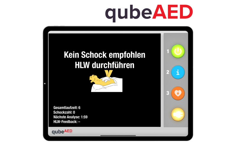 qubeAED_iPad-MockupLogo Tablet Ansicht des qubeAED Defibrillator Simulators in Benutzung