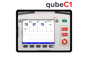 Mockup des EKG-Simulators qube1 von Skillqube mit Herzfrequenz auf Display