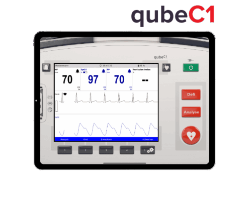 Mockup des EKG-Simulators qube1 von Skillqube mit Herzfrequenz auf Display