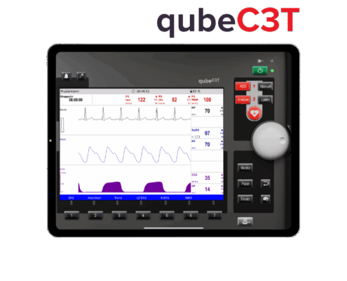 Mockup des EKG-Simulators qubec3t von Skillqube mit Herzfrequenz auf Display