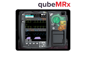 qubeMRx_iPad-MockupLogo Mockup des Patientenmonitor Simulator zur Simulation mit Herzfrequenz auf Display