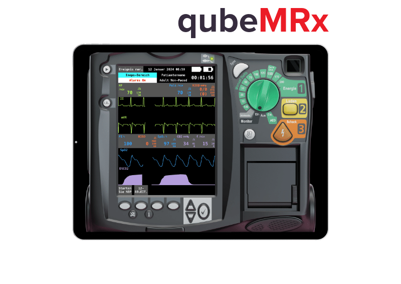 qubeMRx_iPad-MockupLogo Mockup des Patientenmonitor Simulator zur Simulation mit Herzfrequenz auf Display
