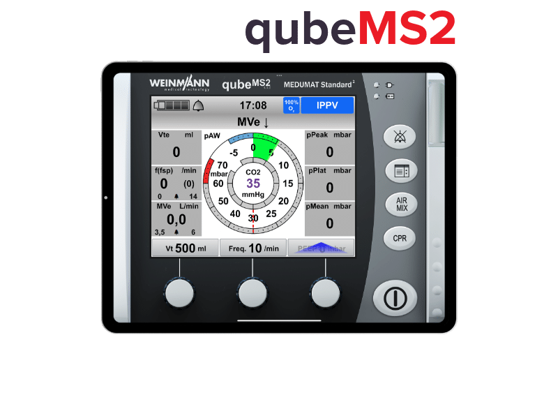 qubeMS2_iPad-MockupLogo Beatmungssimulator qubeMS2 zur Simulation mit verschiedenen Beatmungsmodi auf Display