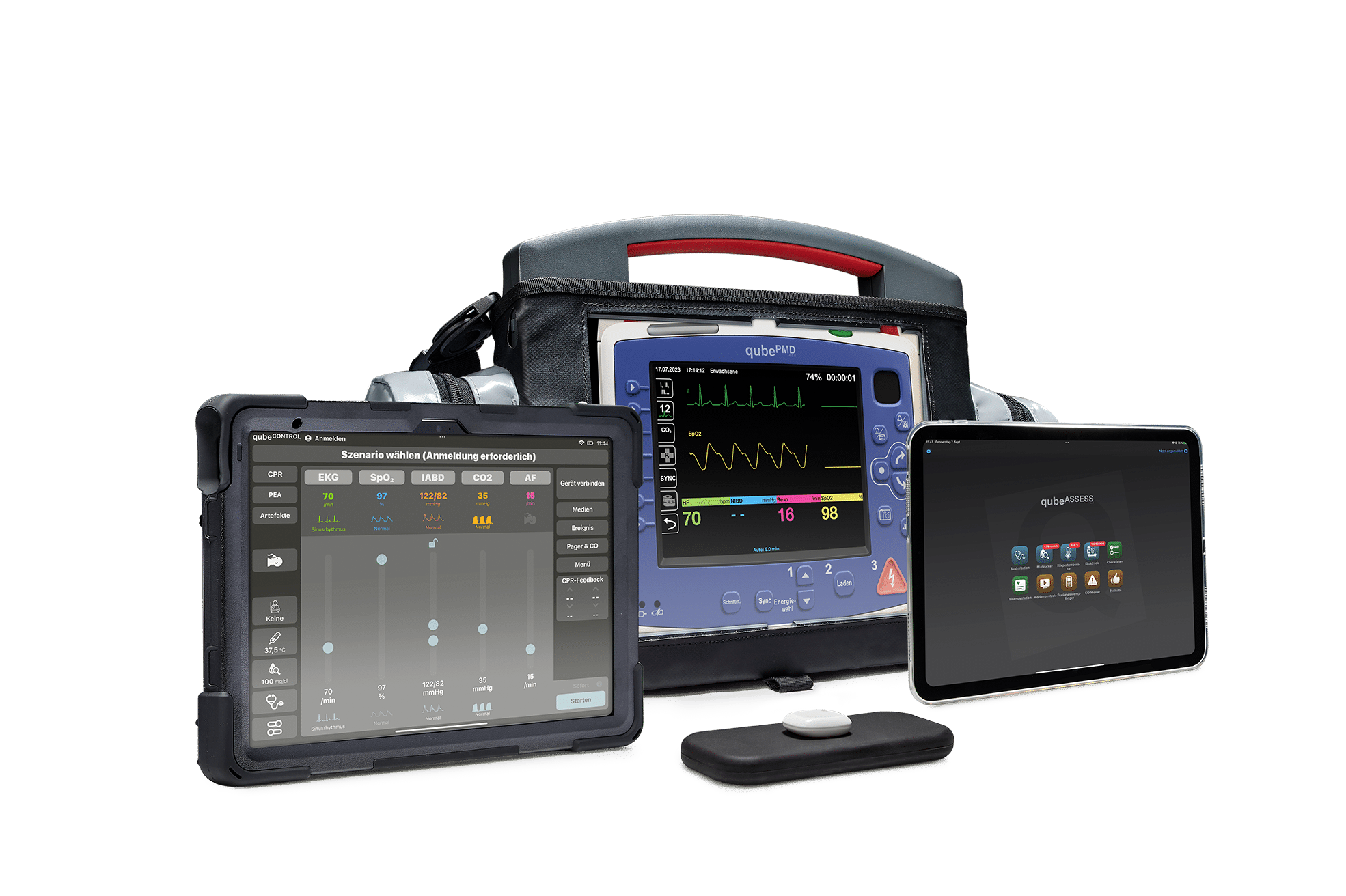 Simulationslösung der Zoll Propaq MD Schnittstelle von Skillqube in Monitor-, Controller- und Assessment-IPad Ansicht