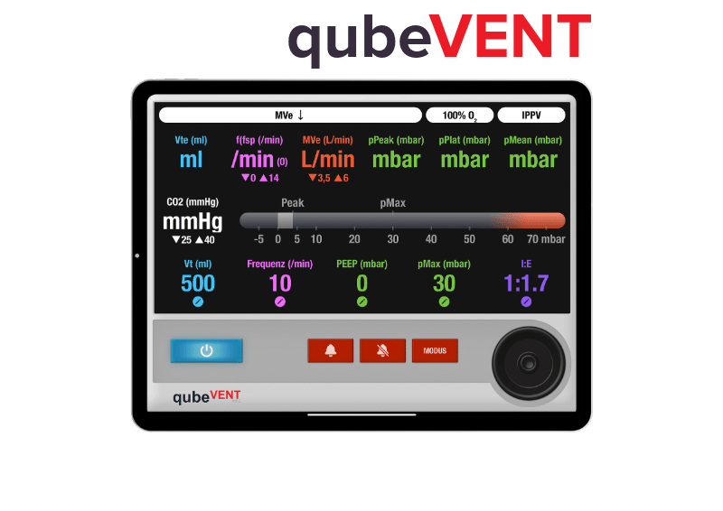 qubeVENT_iPad-MockupLogo Beatmungssimulator qubeVENT zur Simulation in Detailaufnahme auf Display