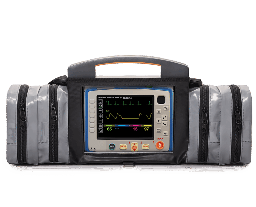 qubeX_M_Tasche Frontansicht des klinischen Simulators in großer grauen Tragetasche mit zwei Seitenfächern