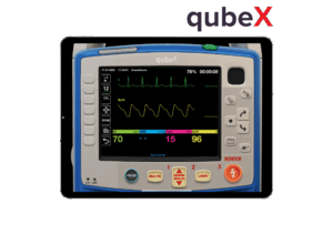 qubeX_iPad-MockupLogo EKG-Simulator qubex zur Simulation in Detailansicht auf Display eines Tablets