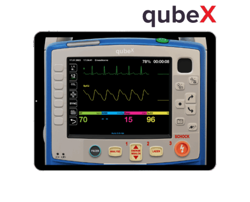 EKG-Simulator qubex zur Simulation in Detailansicht auf Display eines Tablets