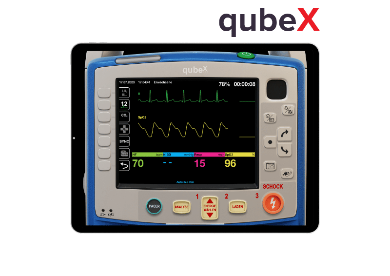 qubeX_iPad-MockupLogo EKG-Simulator qubex zur Simulation in Detailansicht auf Display eines Tablets