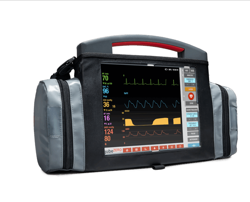 qubeZERO_L_Tasche_23_small Skillqubes klinischer Simulator in kleiner grau-schwarzen Tragetasche mit zwei Seitenfächern