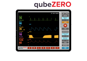 qubeZERO_iPad-MockupLogo EKG-Simulator qubeZERO zur Simulation in Detailansicht auf Display eines Tablets