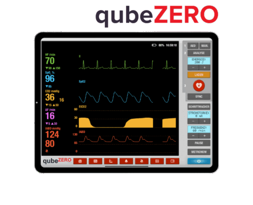 EKG-Simulator qubeZERO zur Simulation in Detailansicht auf Display eines Tablets