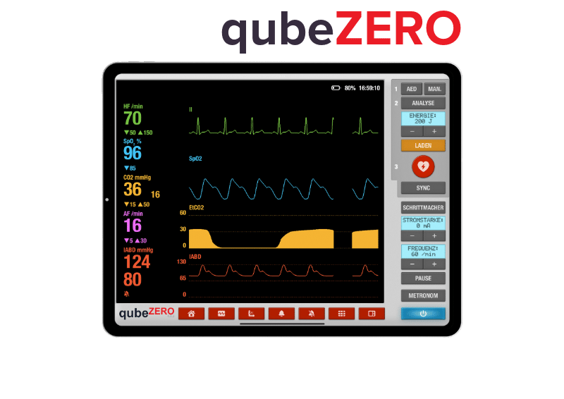qubeZERO_iPad-MockupLogo EKG-Simulator qubeZERO zur Simulation in Detailansicht auf Display eines Tablets