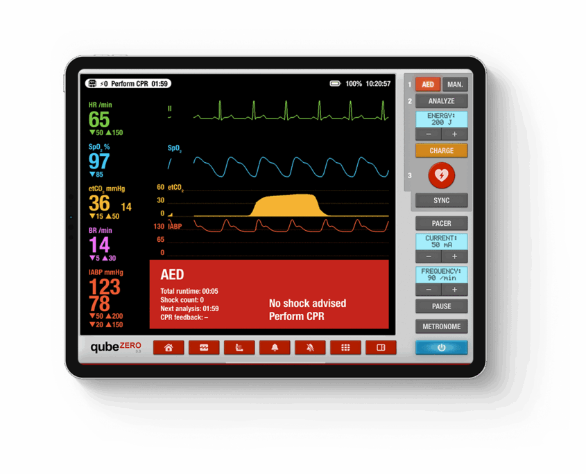 qubeZero_AED Tabletansicht vom qubeZERO von Skillqube mit AED Warnmeldung im Detail