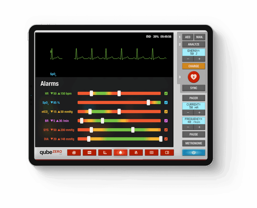 qubeZero_alarme Alarmdetails des EKG-Patientenmonitor Simulator in der Tabletansicht