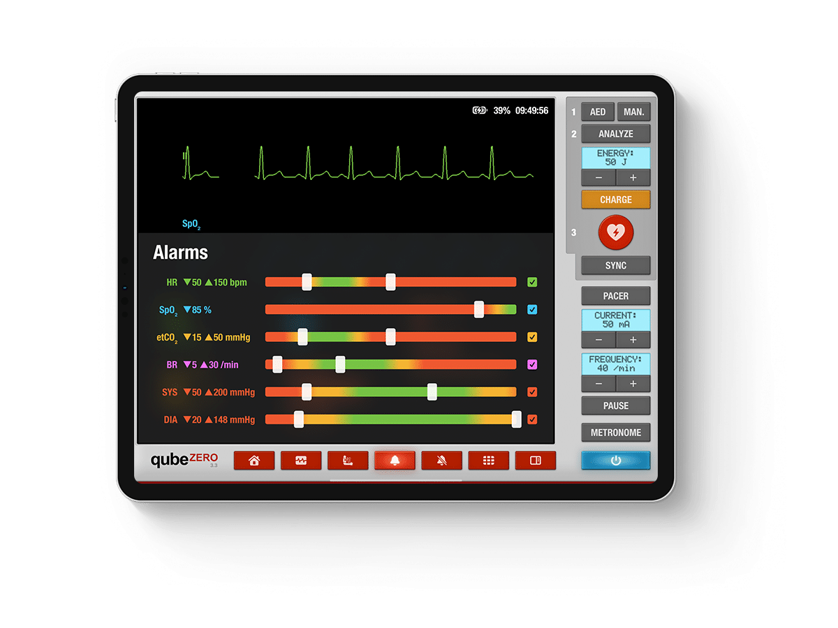 qubeZero_alarme Alarmdetails des EKG-Patientenmonitor Simulator in der Tabletansicht