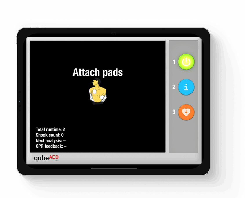 qubeaed_mockup_04web Detailansicht des Defibillator Simulators von Skillqube auf einem Tablet
