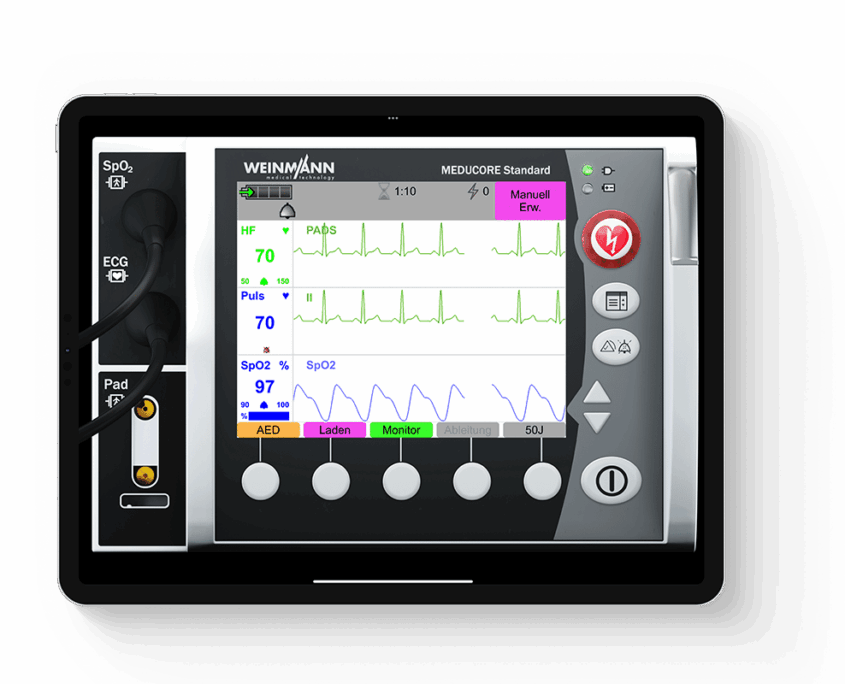 qubemc_ipadscreen_02web EKG-Patientenmonitor Simulator von Weinmann in der Detailansicht auf einem Tablet