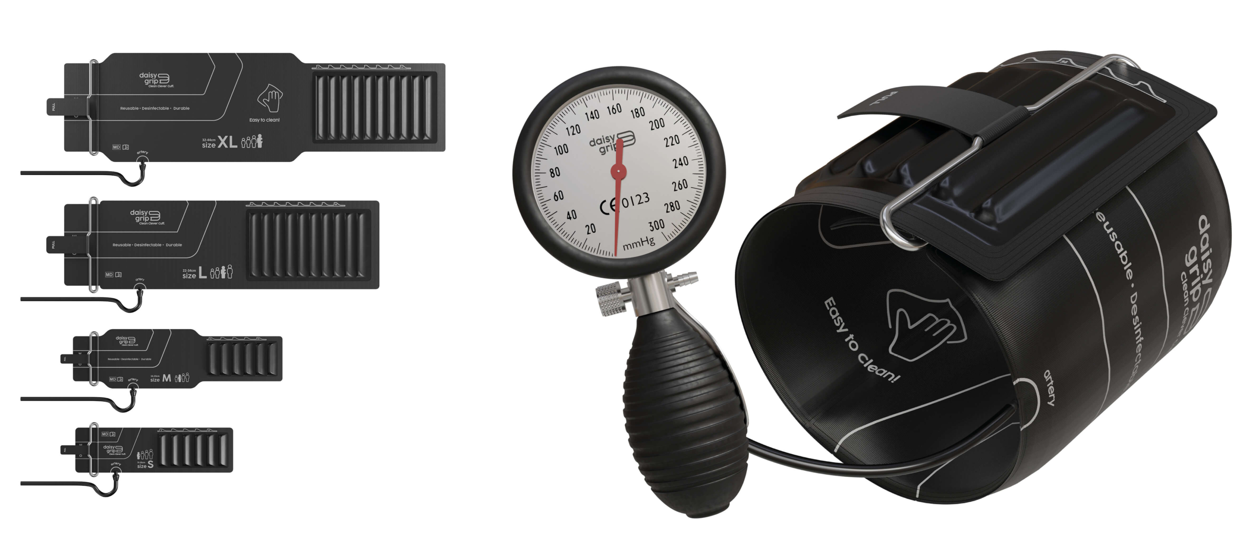 daisycuff Katalog Vorschlag Daisycuff von Daisygrip in Detailaufnahme mit den unterschiedlichen Größen von S-XL auf der linken Seite