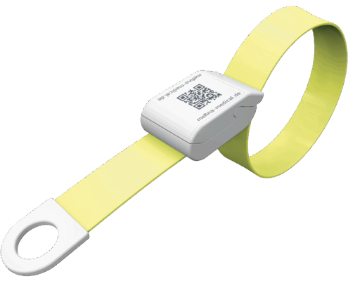 Produkt Bild des gelben Venenstauers MeVes mit Nahaufnahme des QR-Codes auf der Oberseite