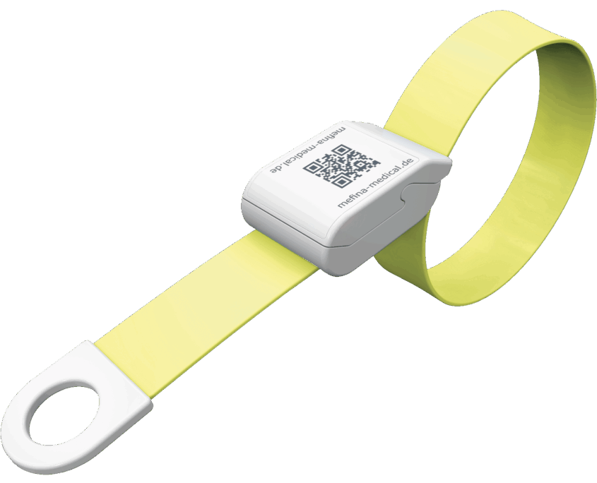gelbes Band daisygrip_Produktbild Produkt Bild des gelben Venenstauers MeVes mit Nahaufnahme des QR-Codes auf der Oberseite