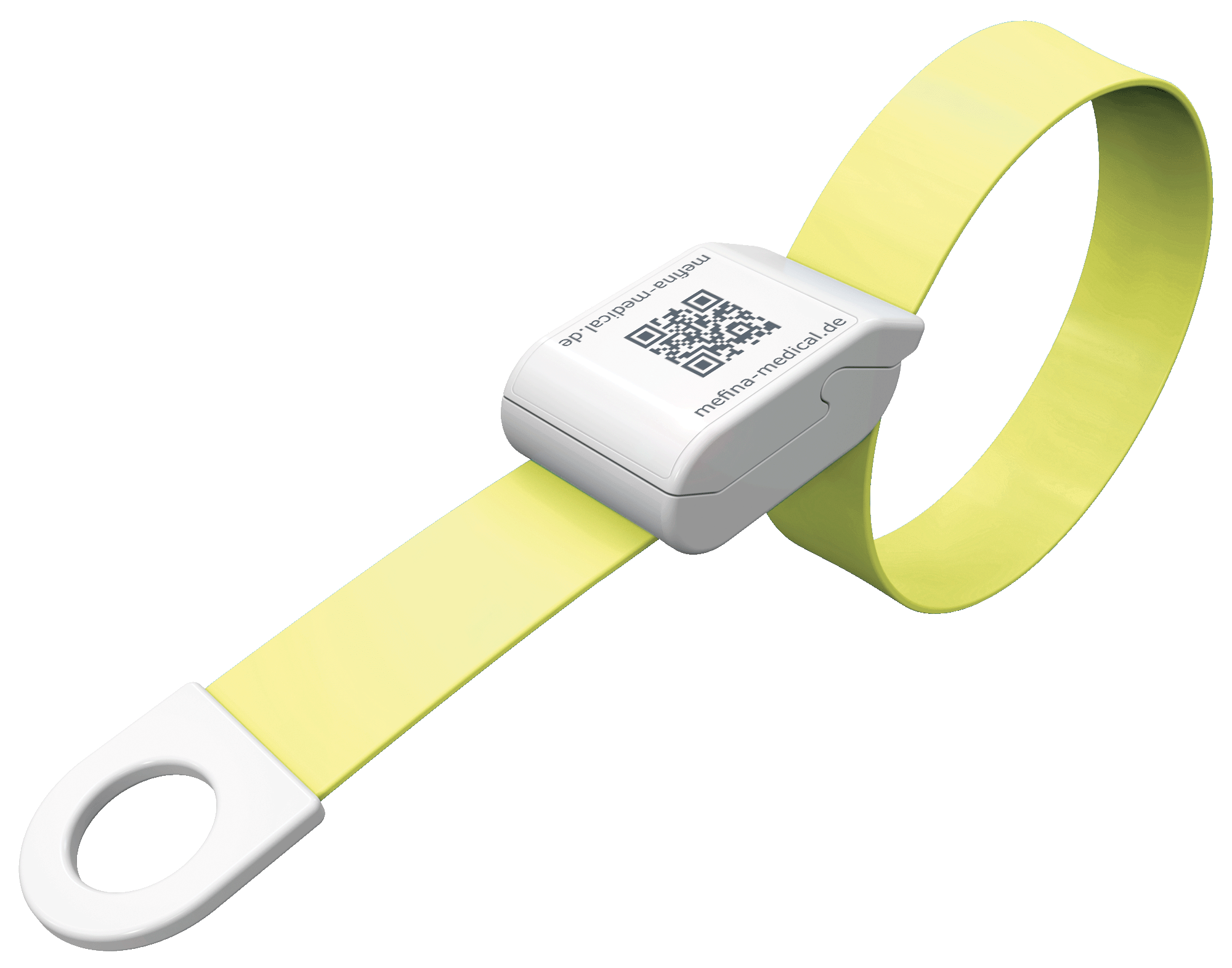 gelbes Band daisygrip_Produktbild Produkt Bild des gelben Venenstauers MeVes mit Nahaufnahme des QR-Codes auf der Oberseite