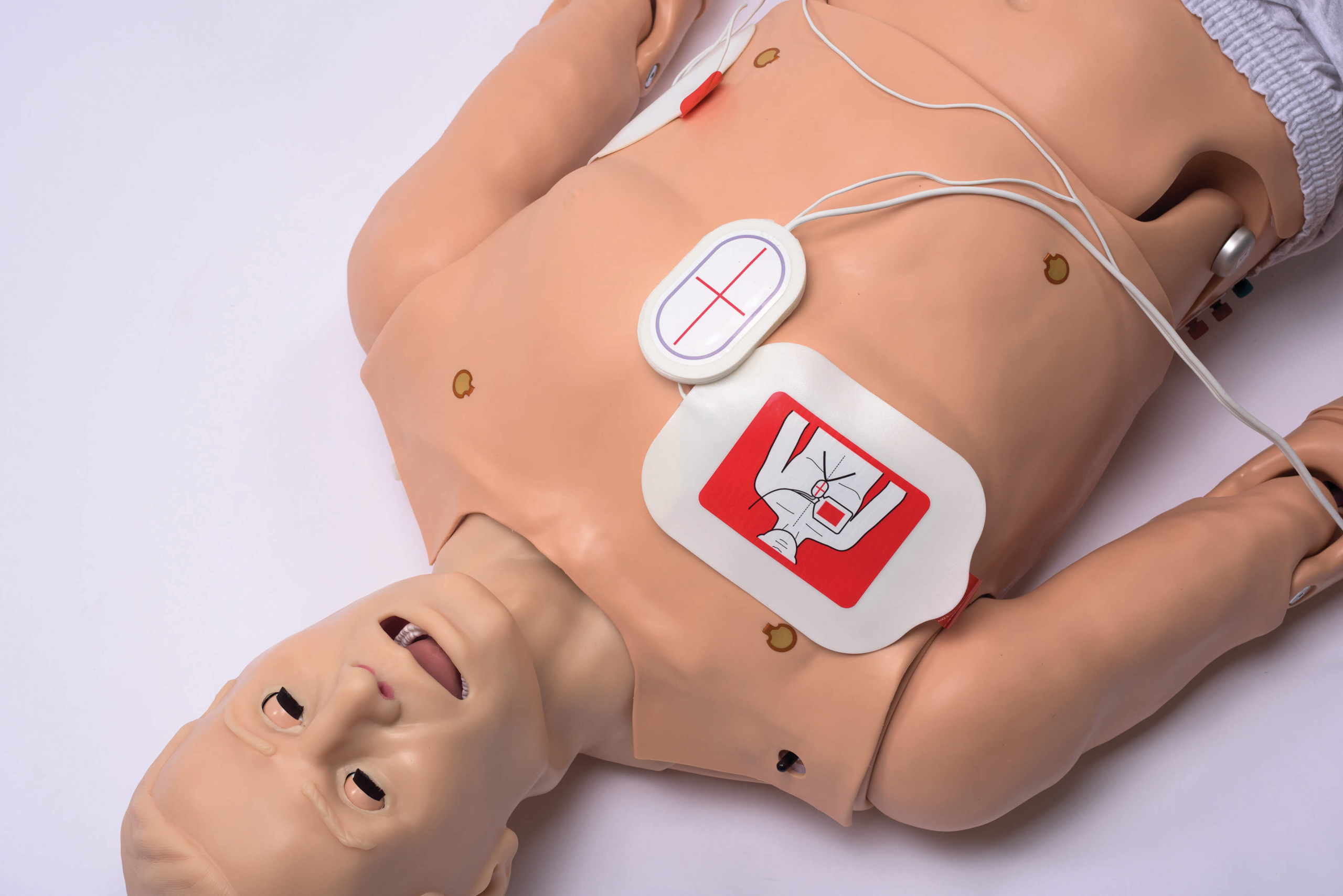 Ansicht des Oberkörpers des Gaumard S300.100 Simulators mit Aufklebern zur richtigen Platzierung der med. Geräte